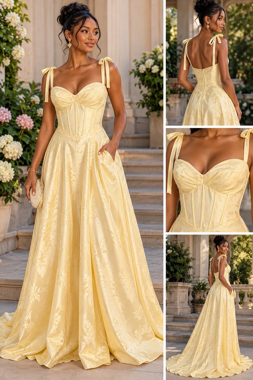 Windsor Butter Yellow Floral Jacquard Corset Maxi Gown Dress S